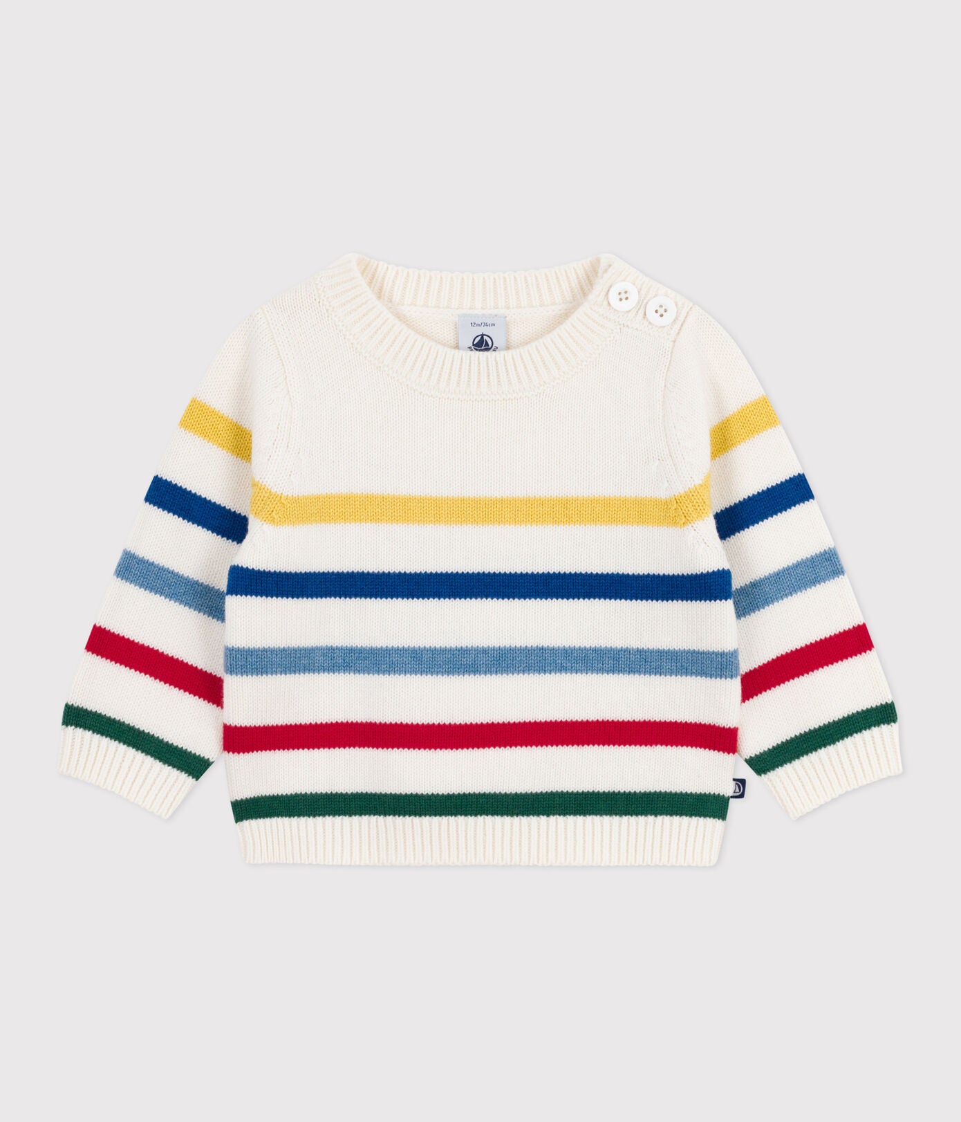 Baby-Pullover aus Wolle und Baumwolle mit bunten Streifen
