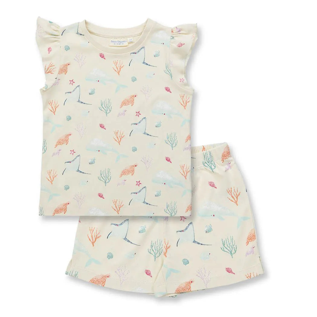 Kurzer Mädchenschlafanzug mit Meerestieren, Modell JULA