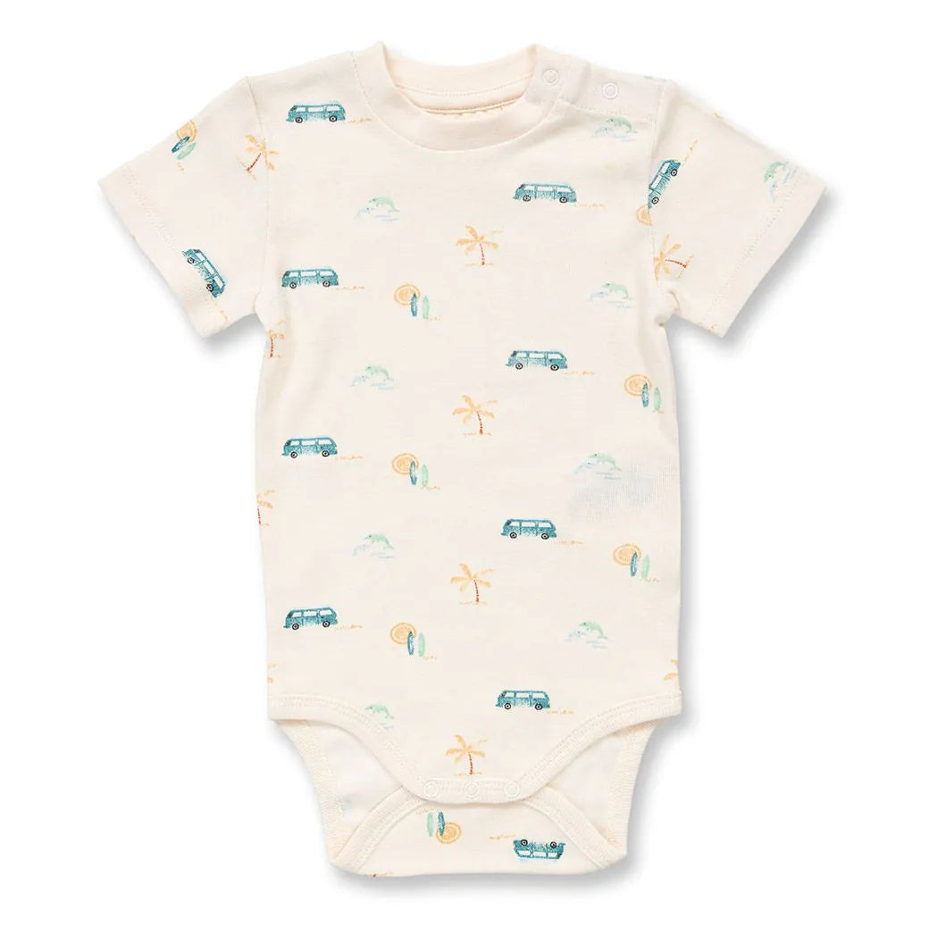 Baby Body weiß mit Retro-Bus-Druck, Modell VARIN