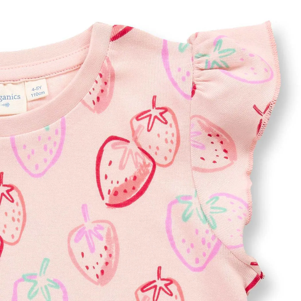 Kurzer Mädchenschlafanzug in rosa mit Erdbeerdruck, Modell JULA