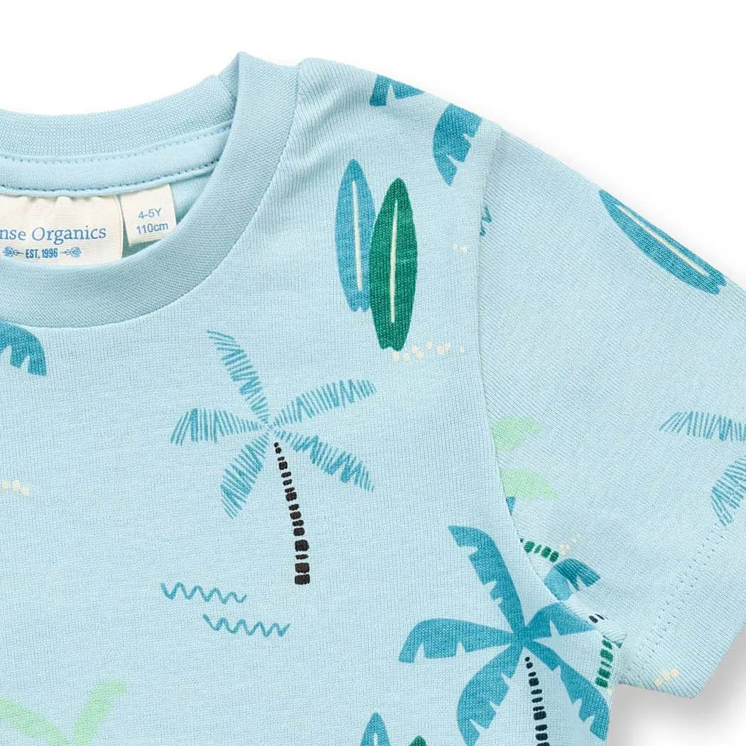 Kurzer Kinderschlafanzug in blau mit Palmen-Druck, Modell KAFKA