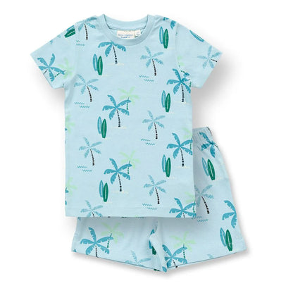 Kurzer Kinderschlafanzug in blau mit Palmen-Druck, Modell KAFKA