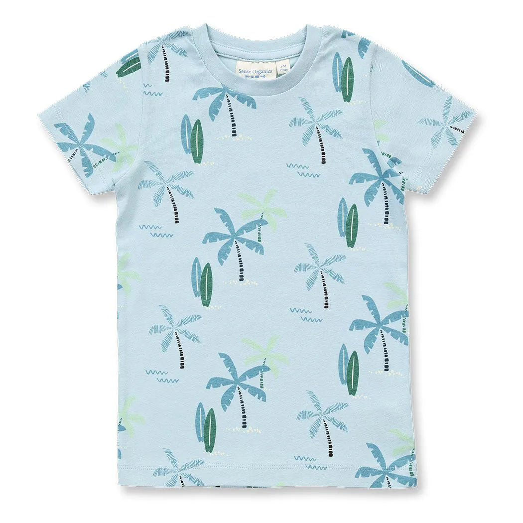 Kurzer Kinderschlafanzug in blau mit Palmen-Druck, Modell KAFKA
