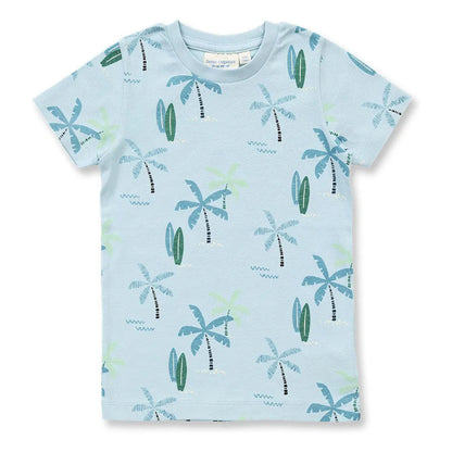 Kurzer Kinderschlafanzug in blau mit Palmen-Druck, Modell KAFKA