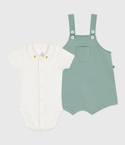 Newborn-Set Latzhose und bestickter Strampler aus einfarbiger Baumwolle