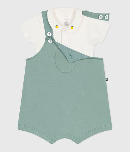 Newborn-Set Latzhose und bestickter Strampler aus einfarbiger Baumwolle