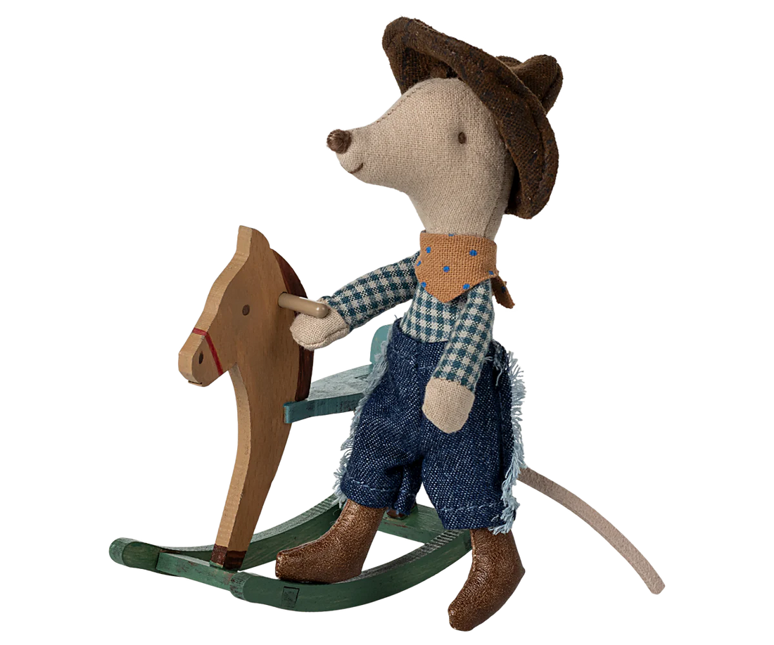 Cowboy Maus auf Schaukelpferd, Kleiner Bruder