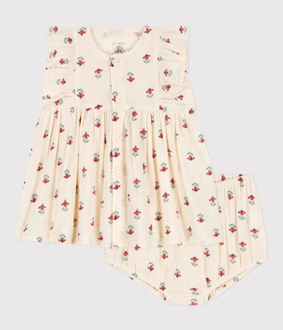 Babykleid mit Bloomers aus bedruckter Baumwollgaze